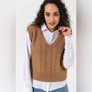 cupcakes & cashmere V-Neck Cable Knit Sweater Vest - Brown